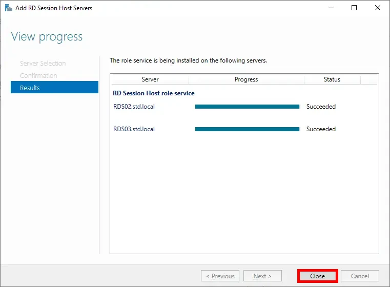 Screenshot of the Add Session Host Wizard for Remote Desktop Services, showing the installation progress with successful status for RDS02 and RDS03 servers, and the 'Close' button highlighted.