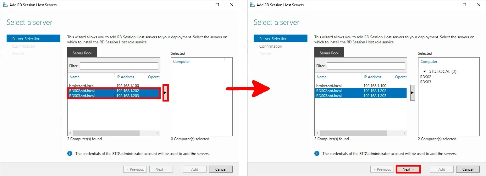 Screenshot of the Add Session Host Wizard for Remote Desktop Services, showing the selection of RDS02 and RDS03 servers from the pool, with an arrow indicating the servers being added and the 'Next' button highlighted.