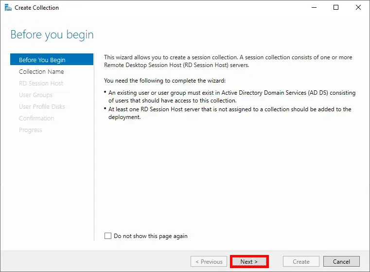 Screenshot of the 'Create Collection' wizard, showing the 'Before You Begin' page with instructions and the 'Next' button highlighted.