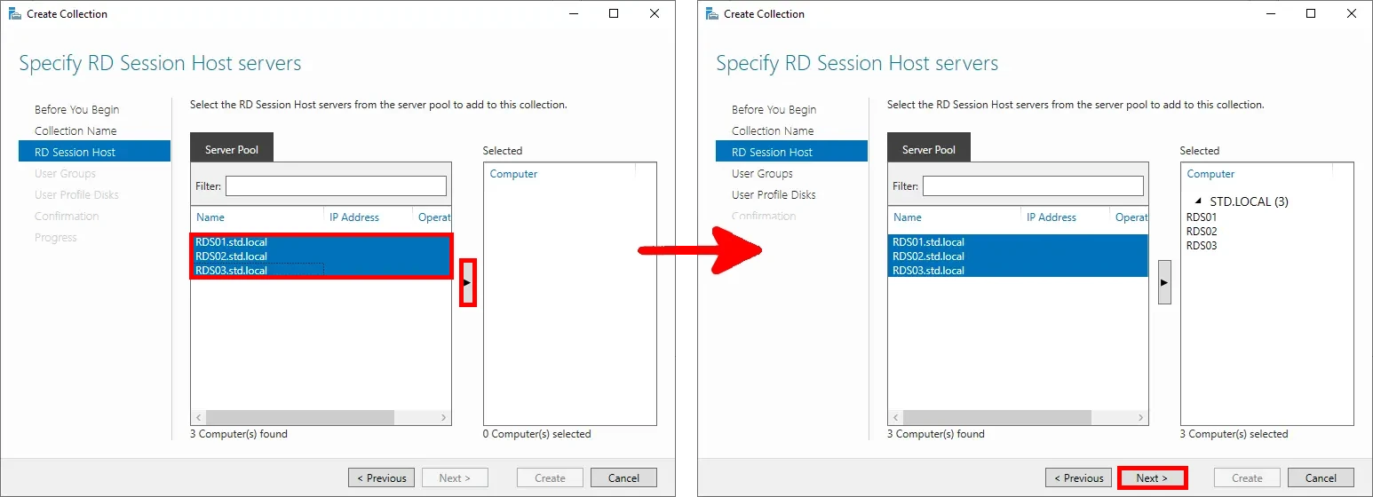 Screenshot of the 'Create Collection' wizard, showing the selection of RD Session Host servers (RDS01, RDS02, and RDS03) from the server pool, with an arrow indicating the servers being added and the 'Next' button highlighted.