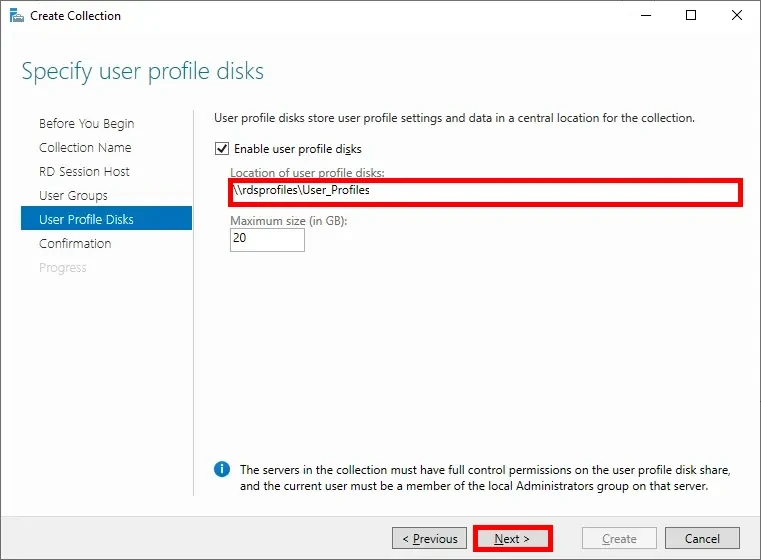 Screenshot of the 'Create Collection' wizard, showing the 'User Profile Disks' page with the location set to '\\rdsprofiles\User_Profiles' and the 'Next' button highlighted.