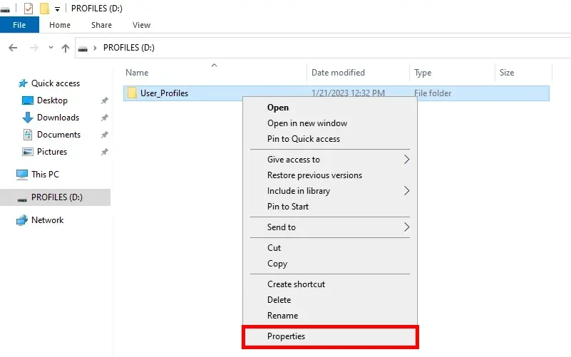 Screenshot of a Windows Explorer window showing the right-click context menu on the 'User_Profiles' folder, with the 'Properties' option highlighted.