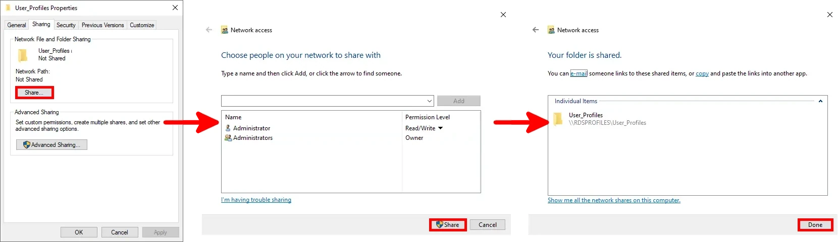 Screenshot showing the process of setting up folder sharing in Windows, including selecting the 'Share' button, choosing users and permission levels, and confirming that the folder is shared, with the 'Done' button highlighted.