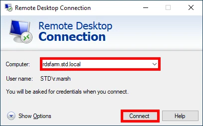 Screenshot of the Remote Desktop Connection window, with 'rdsfarm.std.local' entered in the 'Computer' field and the 'Connect' button highlighted.