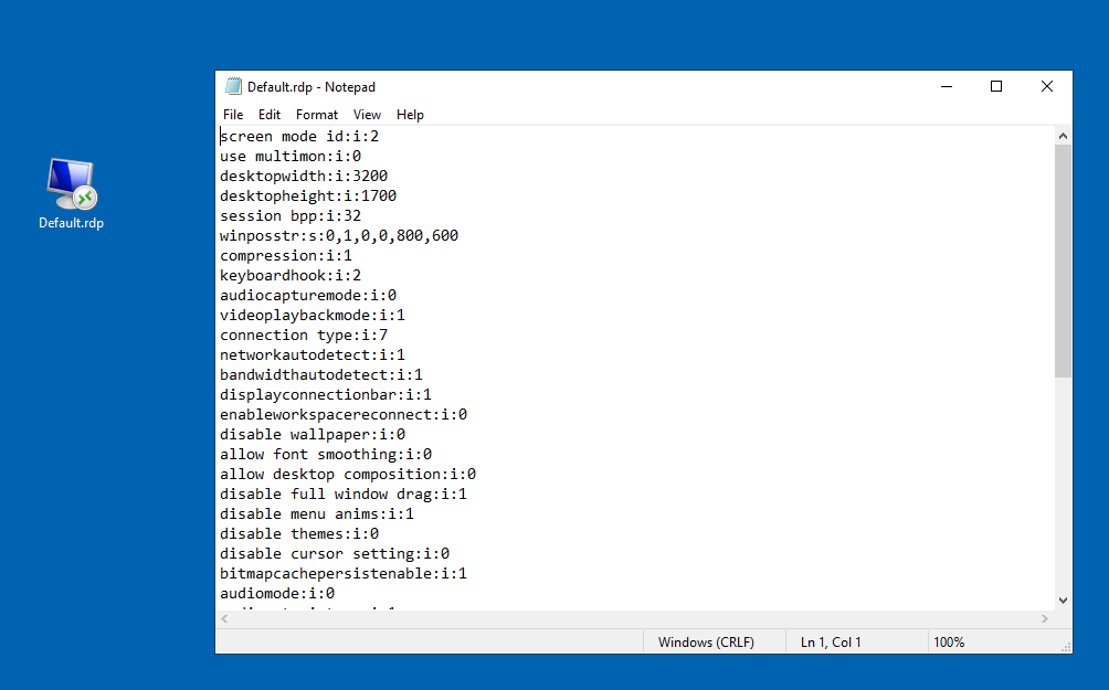 Screenshot of Notepad displaying the contents of a 'Default.rdp' file on the desktop, showing various RDP configuration settings.