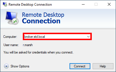 Screenshot of the Remote Desktop Connection window, with 'broker.std.local' entered in the 'Computer' field and the 'Connect' button visible.