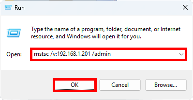 Screenshot of the Windows 'Run' dialog box with 'mstsc /v:192.168.1.201 /admin' entered, and the 'OK' button highlighted.