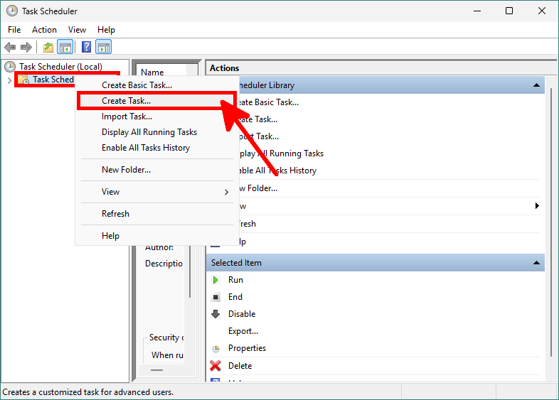 Windows Task Scheduler window showing the Create Task option selected to automate WinApps removal using PowerShell.