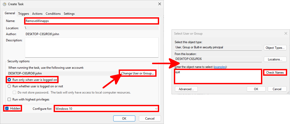 Screenshot showing the Task Scheduler Create Task window where the RemoveWinapps task is configured under the General tab