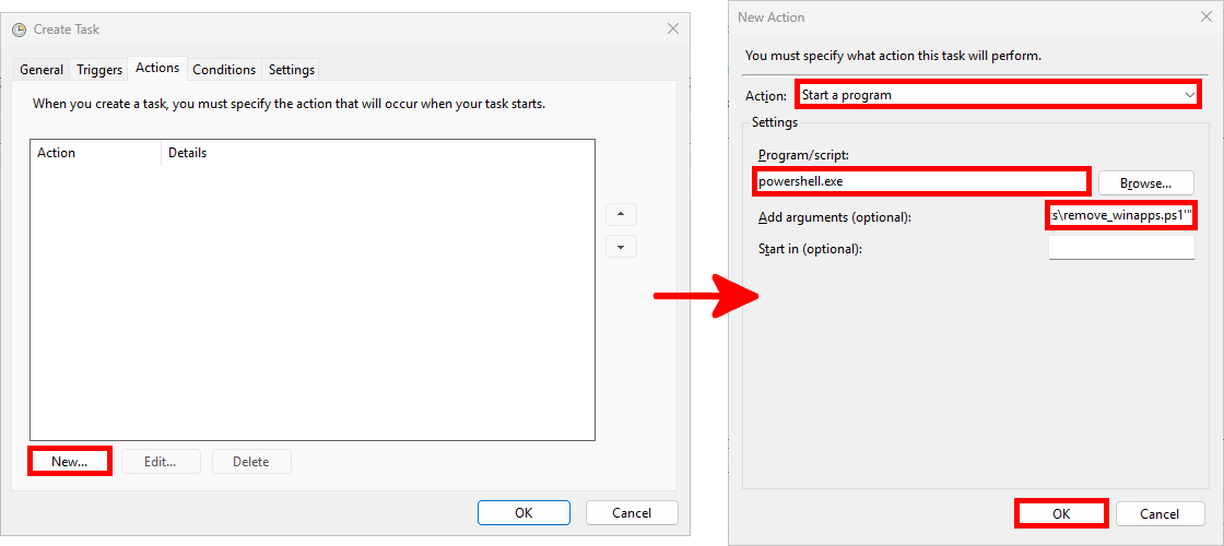 Screenshot of Task Scheduler showing how to set up an action to run powershell.exe with the remove_winapps.ps1 script