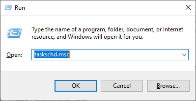 Windows Run dialog box with 'taskschd.msc' entered to open the Task Scheduler.