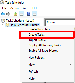 Windows Task Scheduler interface highlighting the 'Create Task' option in the context menu.