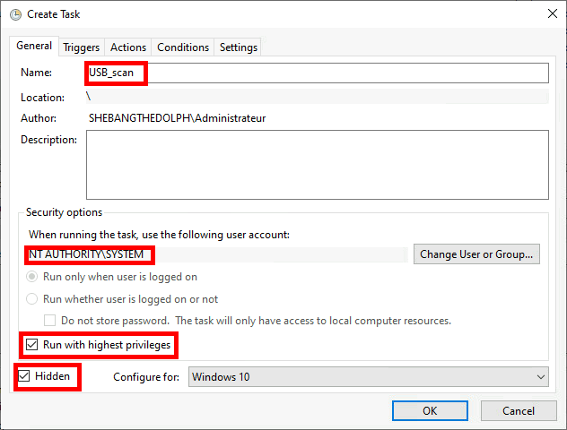 Windows Task Scheduler 'Create Task' window showing configuration settings such as task name, user account, and options to run with highest privileges and hide the task.