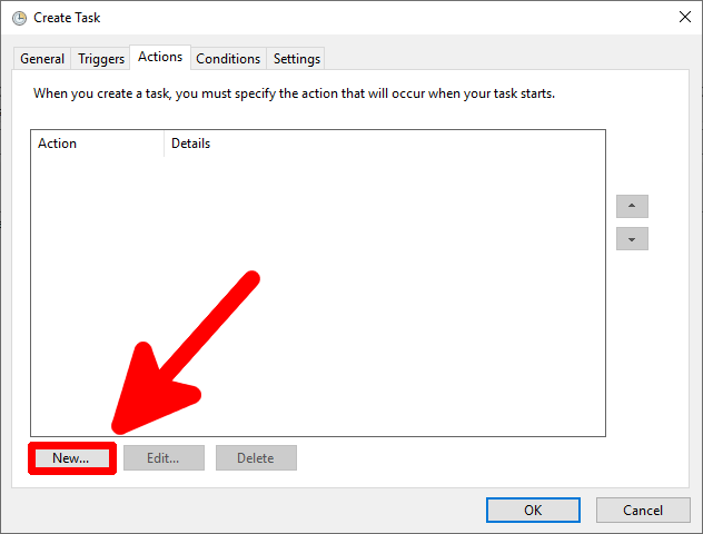 Windows Task Scheduler 'Create Task' window highlighting the 'New' button in the Actions tab to specify an action for the task.