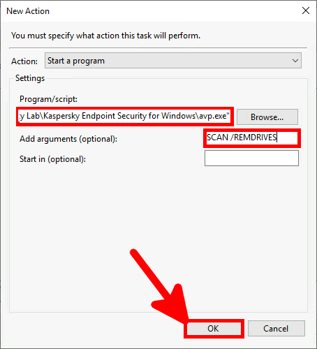 Windows Task Scheduler 'New Action' window showing the configuration of a task to start a program with specific arguments, such as a Kaspersky antivirus scan for removable drives.