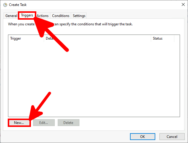 Windows Task Scheduler 'Create Task' window highlighting the 'Triggers' tab and the 'New' button to set up a new trigger for the task.