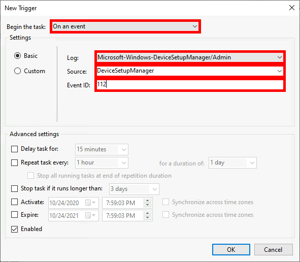 Windows Task Scheduler 'New Trigger' window showing the configuration for triggering a task on an event, with details such as log, source, and event ID set to 112.