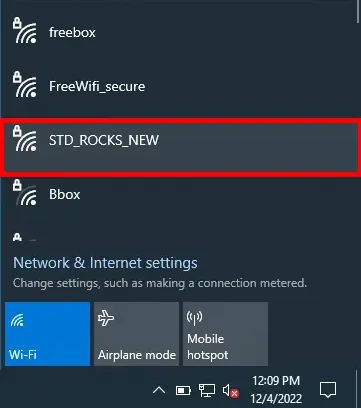 Screenshot of the Windows Wi-Fi menu showing the new Wi-Fi network 'STD_ROCKS_NEW' highlighted, ready to connect.