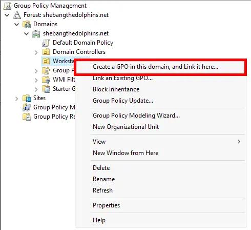 Group Policy Management Console showing the option to create a GPO in the domain and link it to a specific organizational unit