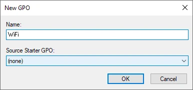 New GPO creation dialog box in Group Policy Management Console with the name field set to WiFi and source starter GPO set to none