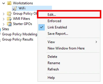 Group Policy Management Console showing the context menu for the WiFi GPO with the Edit option highlighted