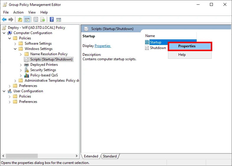 Group Policy Management Editor showing the Startup Scripts section with the Properties option highlighted for configuring startup scripts