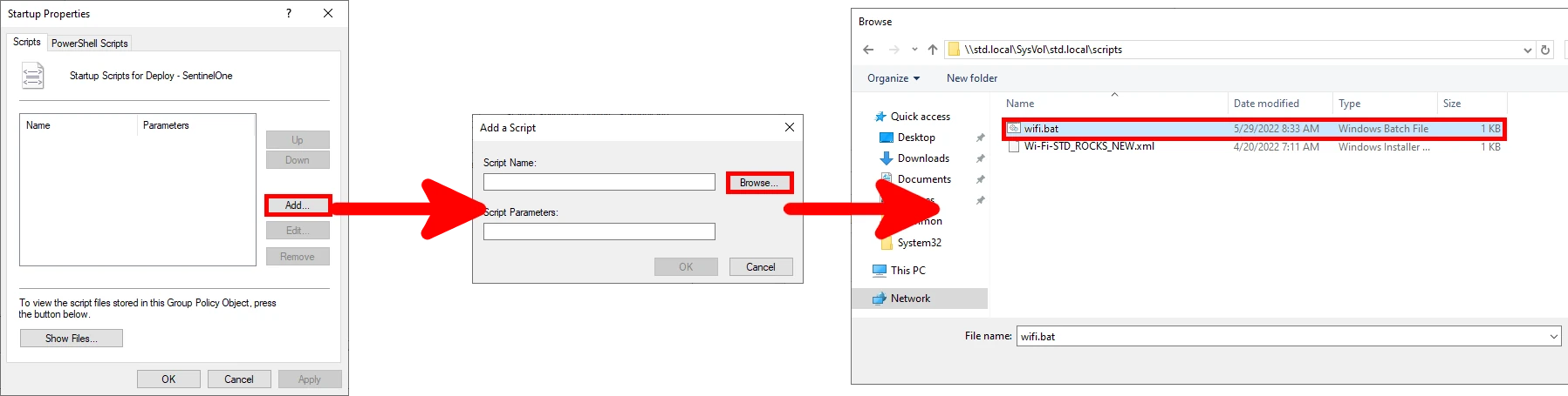 Startup Properties dialog showing the process of adding a startup script by browsing to select the wifi batch file from the sysvol scripts folder