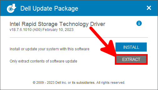 Intel Rapid Storage Technology Driver Dell Update Package with Extract option highlighted