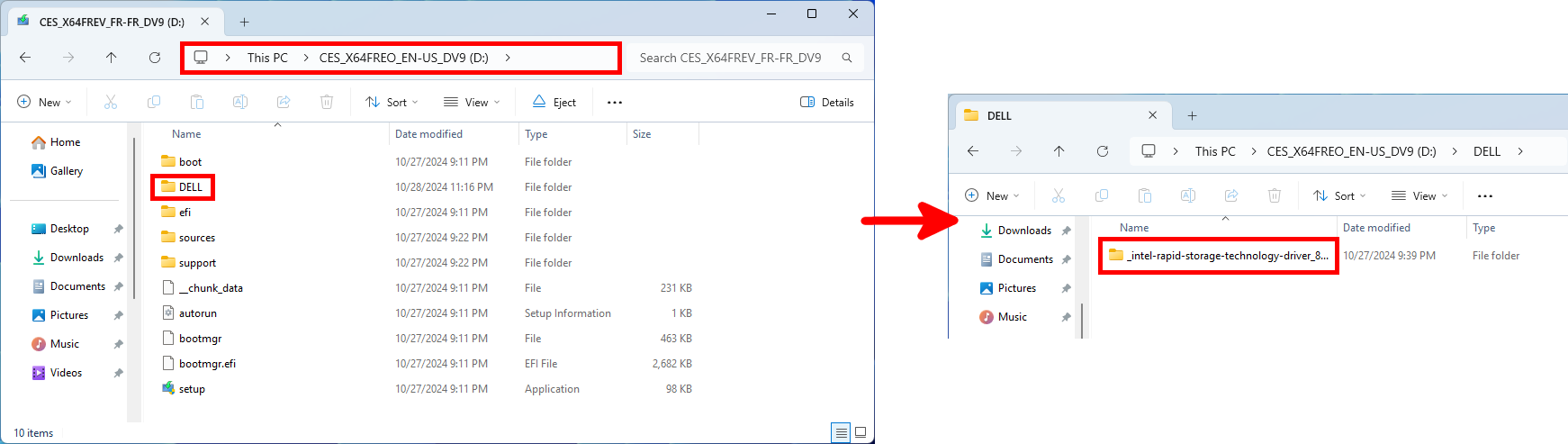 Screenshot showing the folder structure of the Windows 11 installation media with the Intel Rapid Storage Technology driver located in the DELL folder.