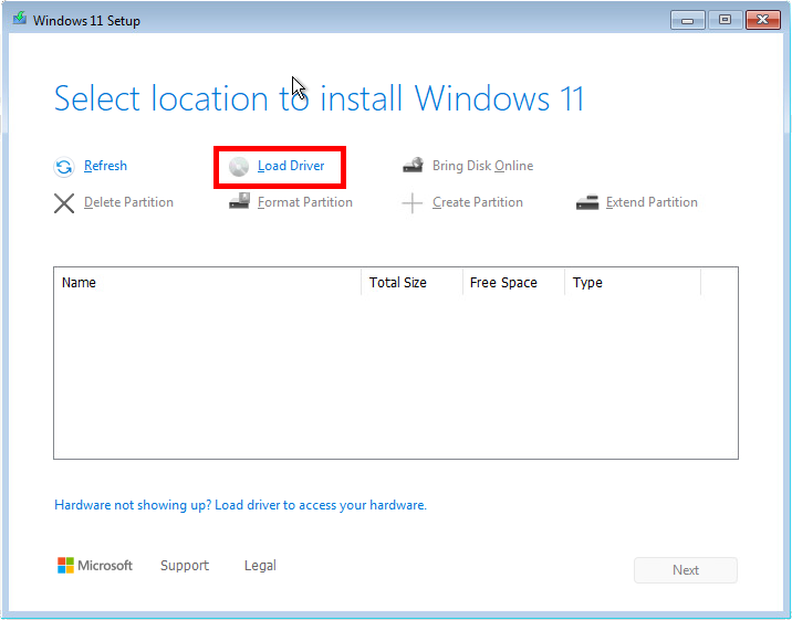 Windows 11 setup screen prompting the user to select a location to install with the 'Load Driver' option highlighted