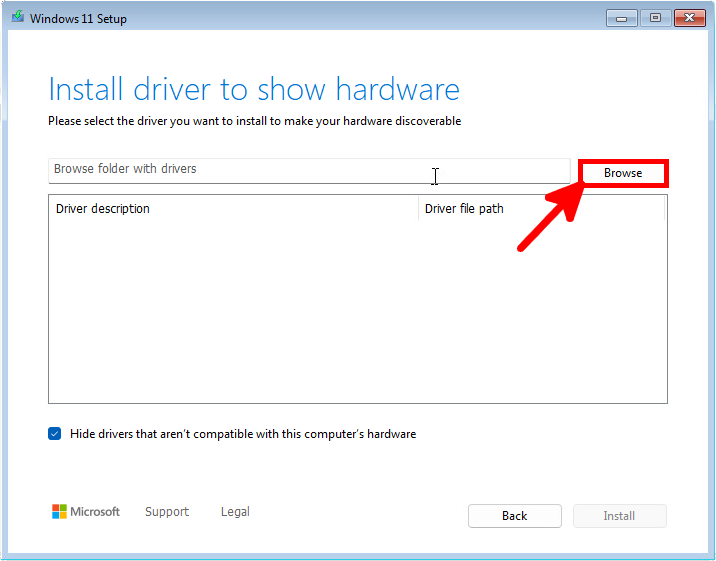 Windows 11 setup screen for installing drivers, with the 'Browse' button highlighted to select the folder containing the NVMe driver for disk detection on a Dell Vostro.