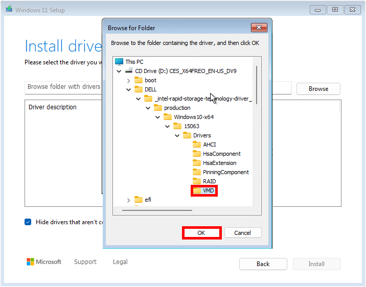 Windows 11 setup window displaying the folder selection dialog, with the VMD driver folder highlighted and the OK button selected to load the NVMe driver for a Dell Vostro.