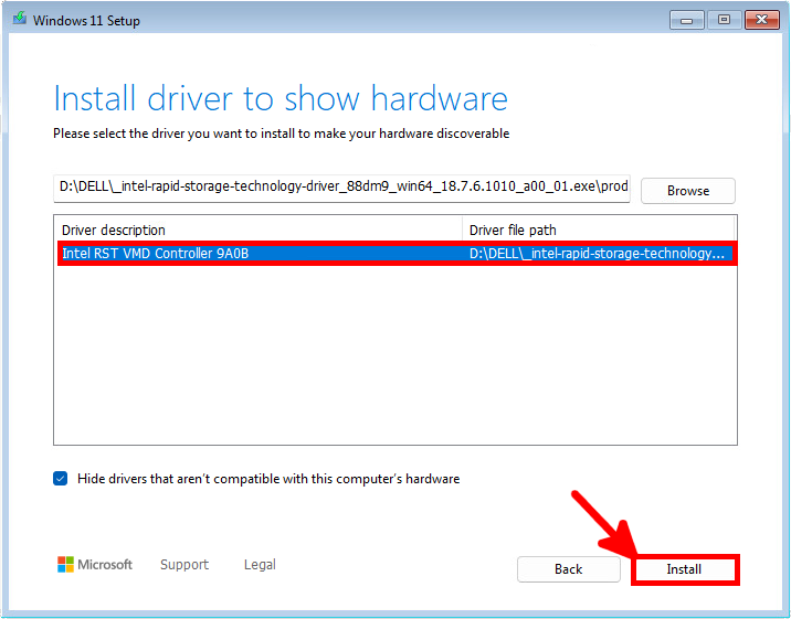 Windows 11 setup screen with the Intel RST VMD Controller driver selected and the 'Install' button highlighted to enable NVMe disk detection on a Dell Vostro.