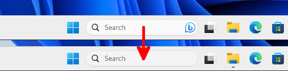 Comparison of the Windows 11 taskbar showing the search box before and after removing the Bing icon.