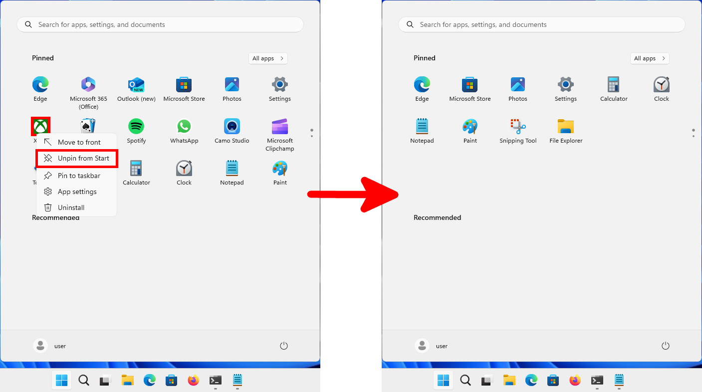 Screenshot of the Windows 11 Start menu with the Xbox app right-clicked and the 'Unpin from Start' option highlighted, showing the app removed after selecting the option.