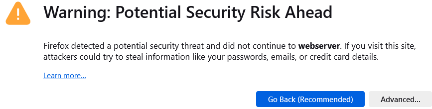 Firefox warning message about a potential security risk when accessing a web server