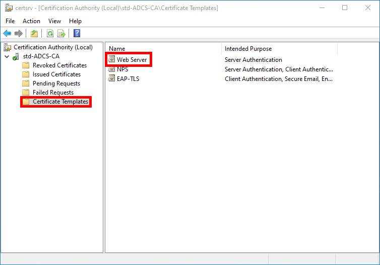 Windows ADCS certificate templates showing web server template selected for server authentication