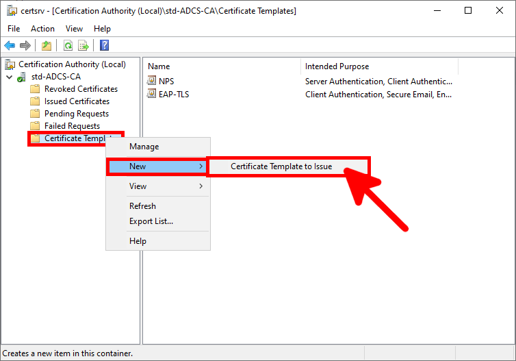 Windows ADCS interface showing how to issue a new certificate template from the Certificate Templates menu