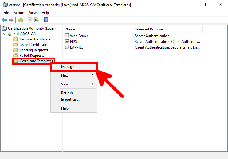 Windows ADCS interface showing how to access the manage option in the Certificate Templates menu