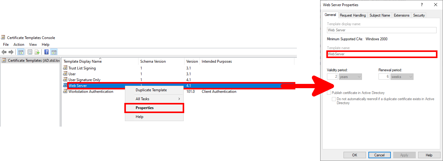 Certificate Templates Console in Windows ADCS showing Web Server template properties, including template name and validity period settings