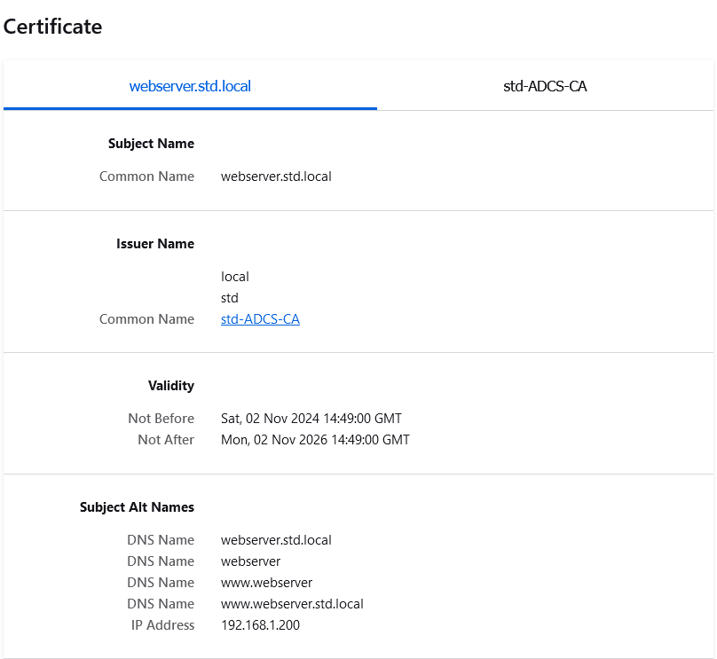 Certificate details for webserver.std.local issued by std-ADCS-CA, showing validity period and subject alternative names