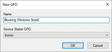 Naming the new Group Policy Object Blocking Windows Store in Group Policy Management