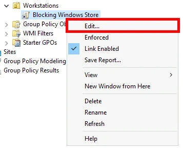 Editing the Blocking Windows Store Group Policy Object in Group Policy Management