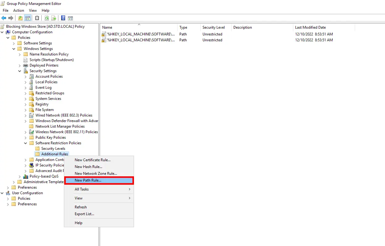 Creating a new path rule under Additional Rules in Software Restriction Policies