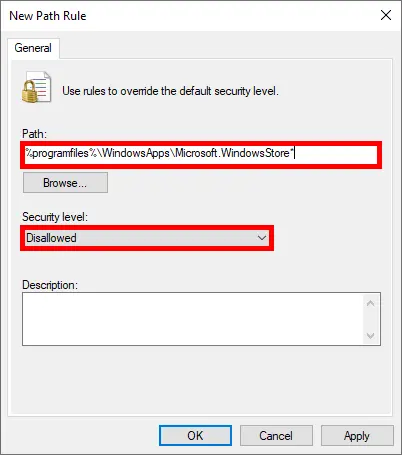 Creating a Software Restriction Policy path rule to block Microsoft Store by setting the security level to Disallowed