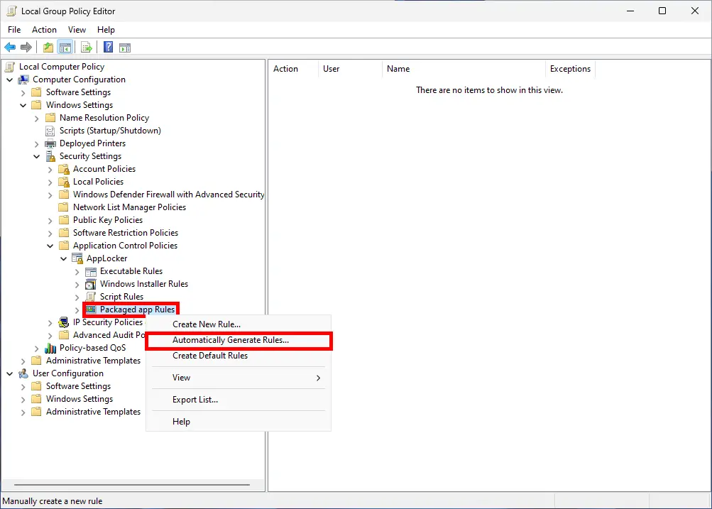 Automatically generating AppLocker rules for packaged apps in the Local Group Policy Editor