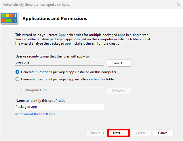 AppLocker packaged app rules wizard showing the default options before clicking Next
