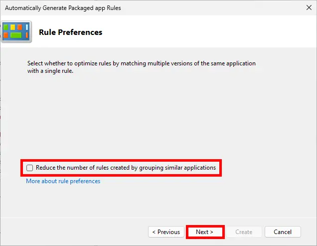 Screenshot of the Automatically Generate Packaged app Rules wizard. Rule preference step.