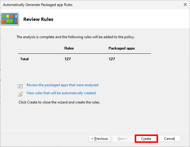 Reviewing the automatically generated AppLocker packaged app rules before clicking Create