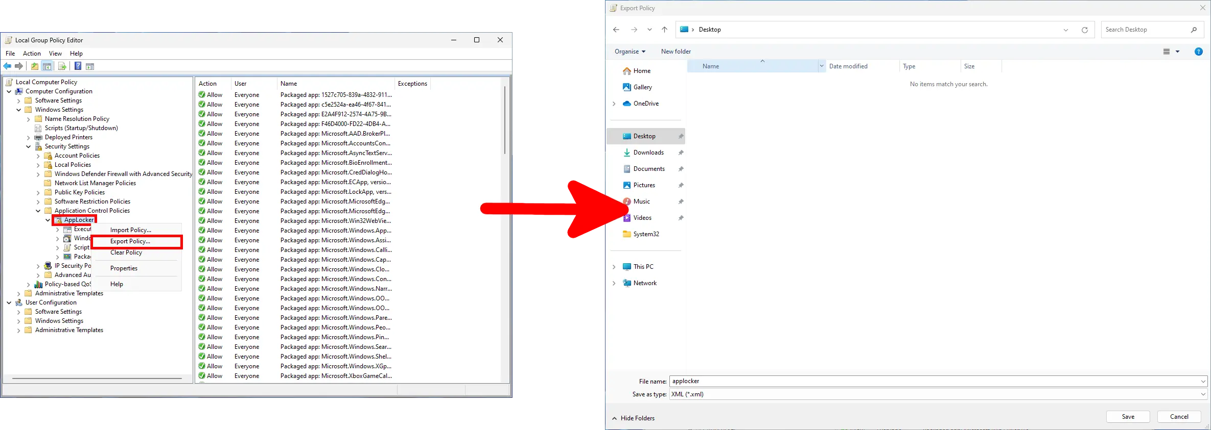 Exporting the AppLocker policy to an XML file from the Local Group Policy Editor